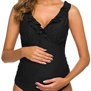Maternity Ruffles Deep V Neck Bathing Suit
